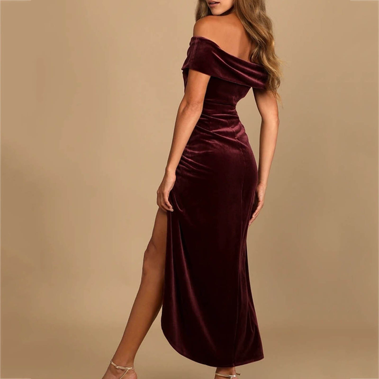 thumbnail image 4 of Vestido de terciopelo con un hombro al descubierto para mujer - Poliéster y spandex, elegante para la noche y la playa, 4 of 8